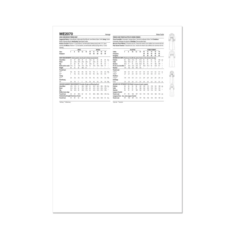 Know Me Sewing Pattern ME2070 Girls Misses 7-18 Trench Coat Beaute‎ J'adore